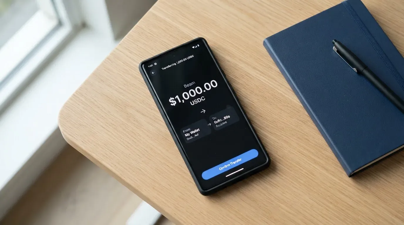 A phone showing a stablecoin transfer screen