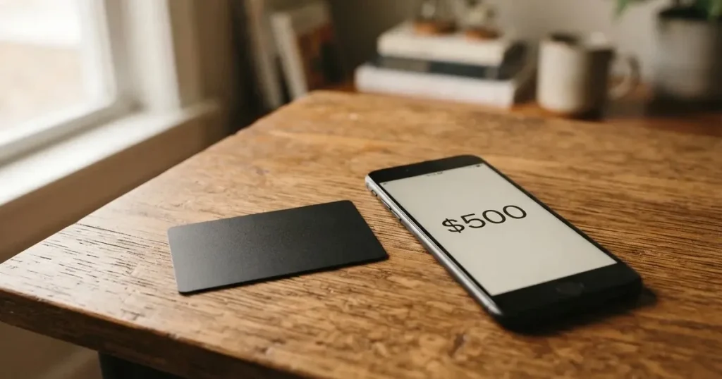 A payment card next to a phone with a crypto wallet app open