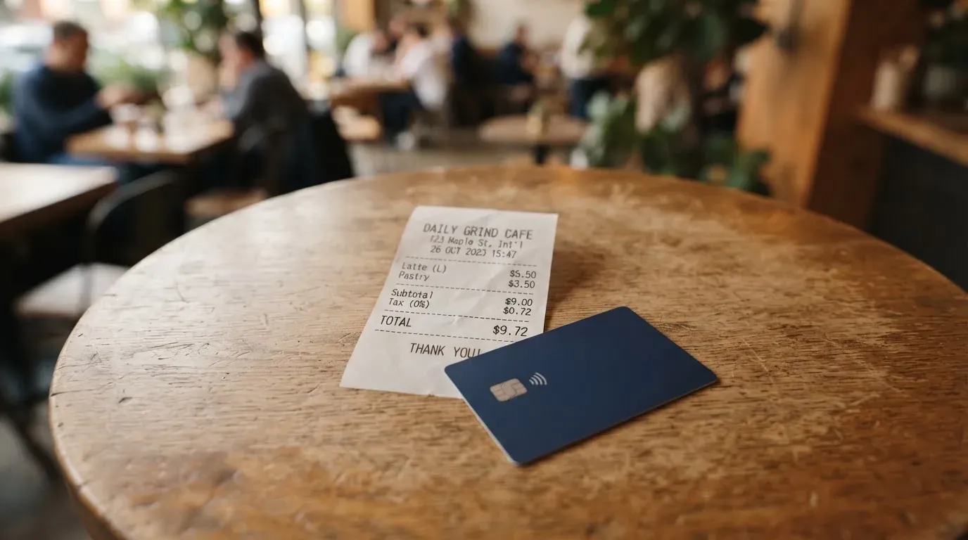 A receipt and a card on a café table