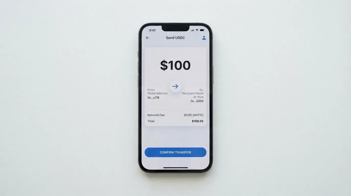 A phone showing a stablecoin transfer screen