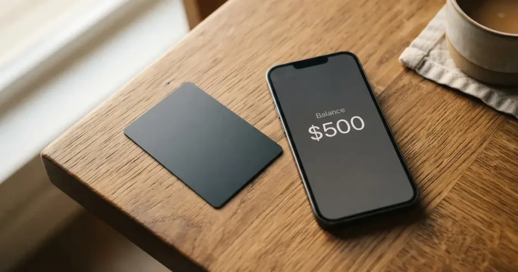 A payment card next to a phone with a crypto wallet app open