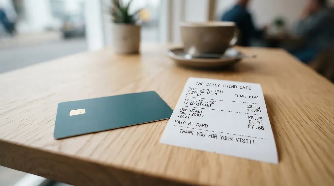 A receipt and a card on a café table
