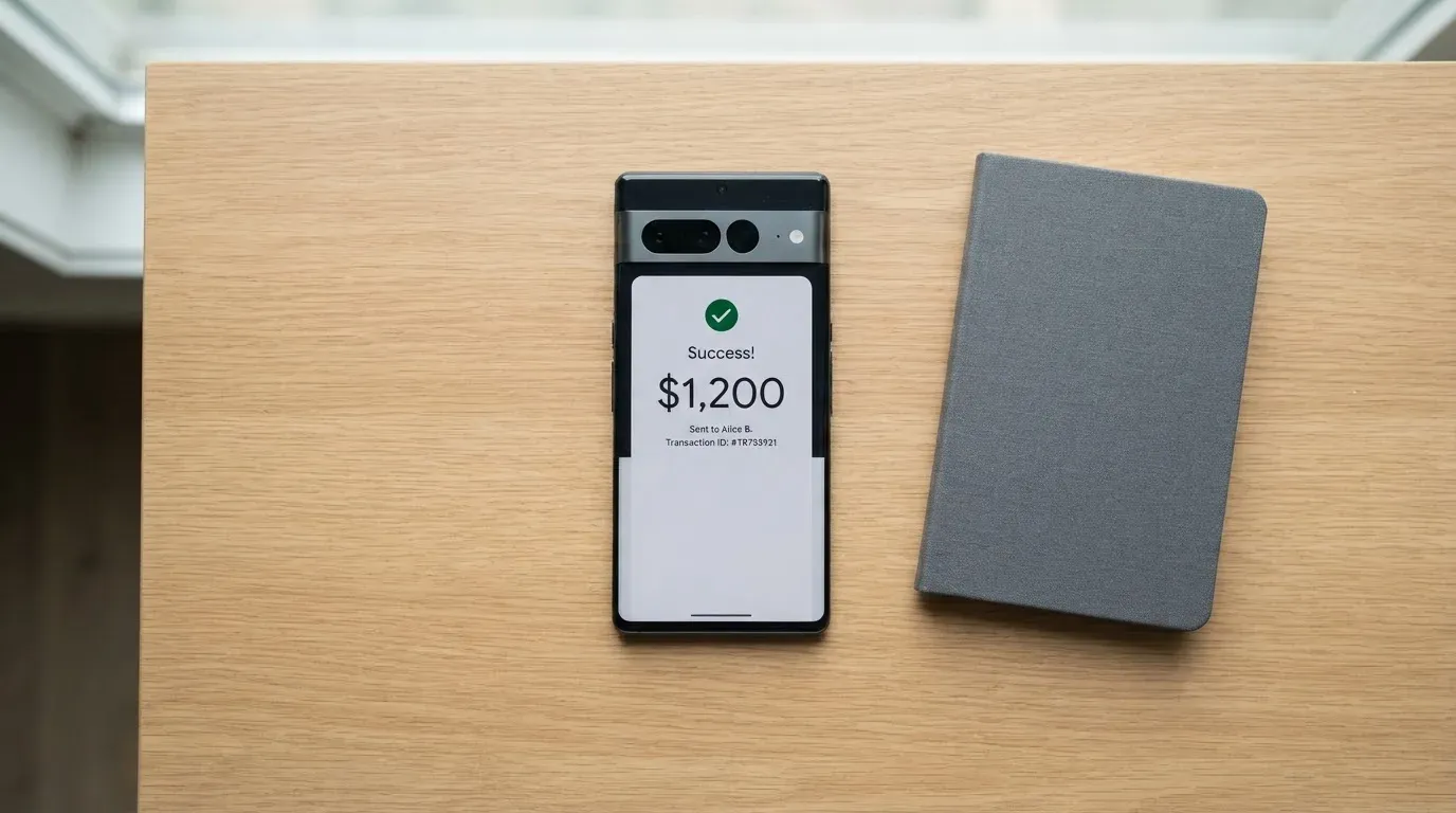 A phone showing a stablecoin transfer screen