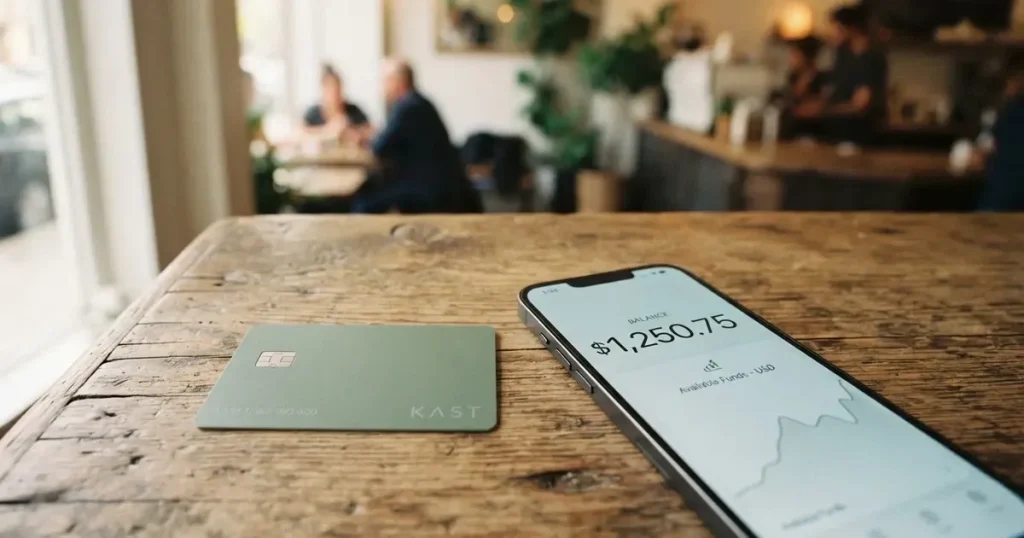 A payment card next to a phone with a crypto wallet app open