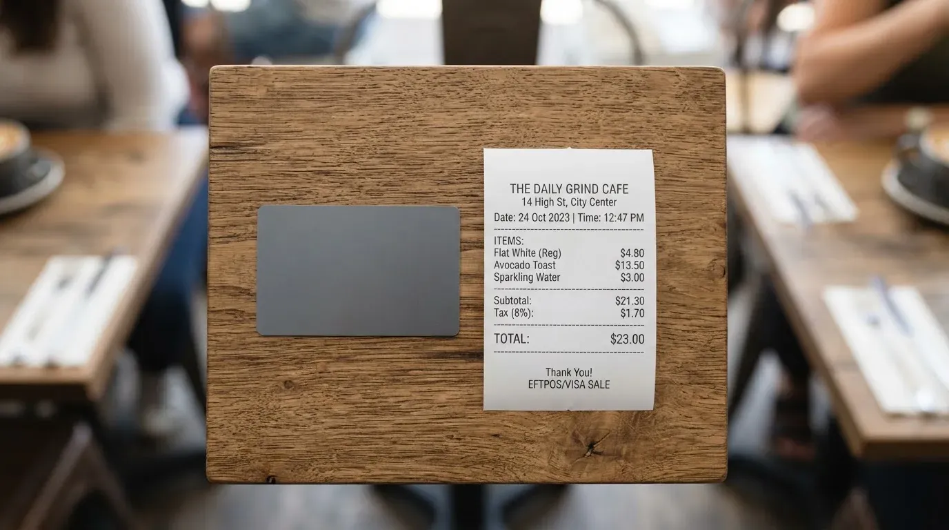 A receipt and a card on a café table