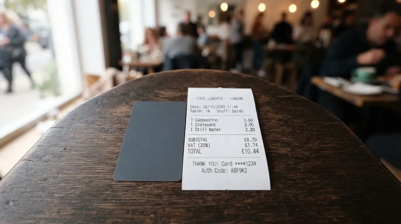 A receipt and a card on a café table