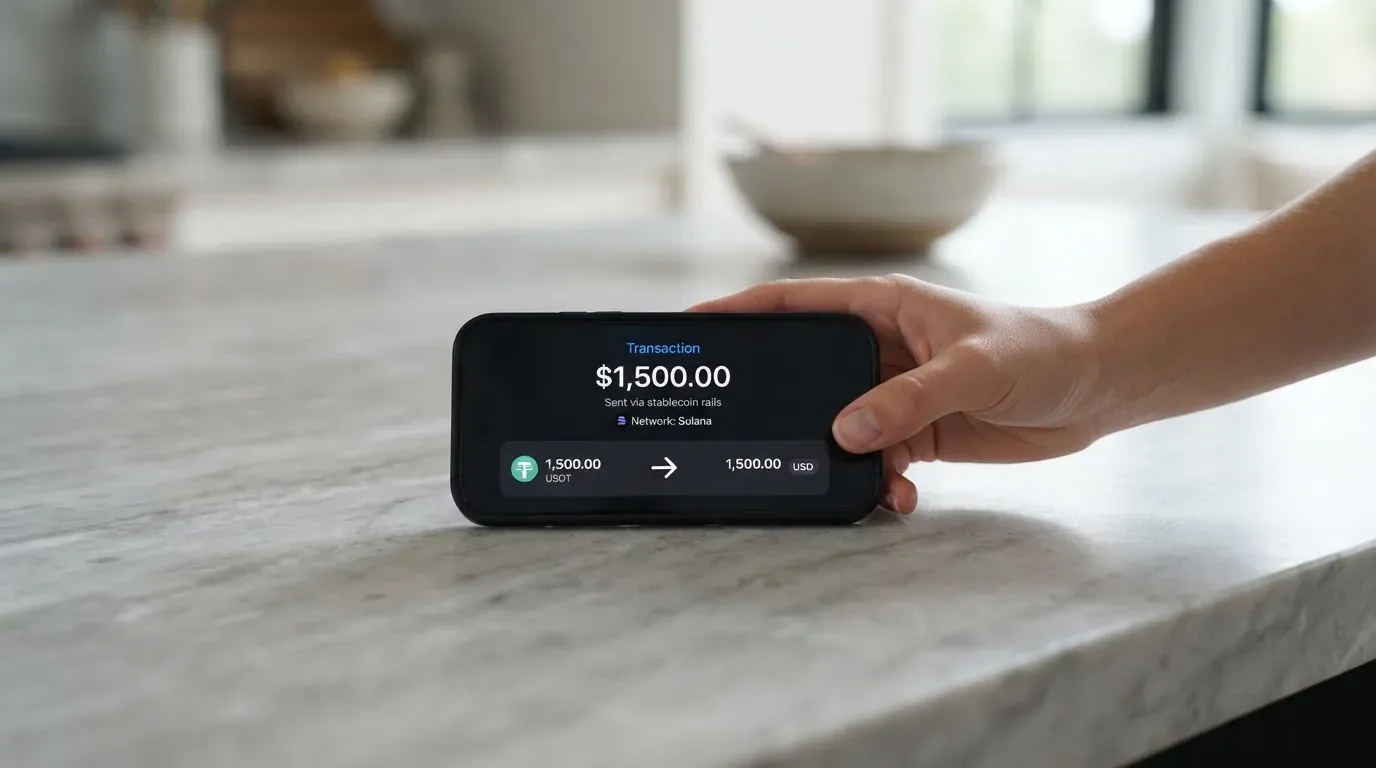 A phone showing a stablecoin transfer screen