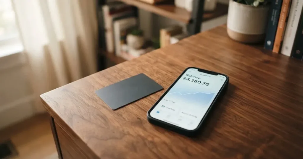 A payment card next to a phone with a crypto wallet app open