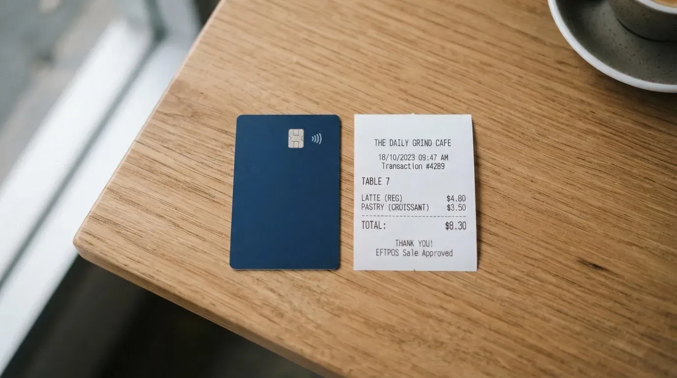 A receipt and a card on a café table