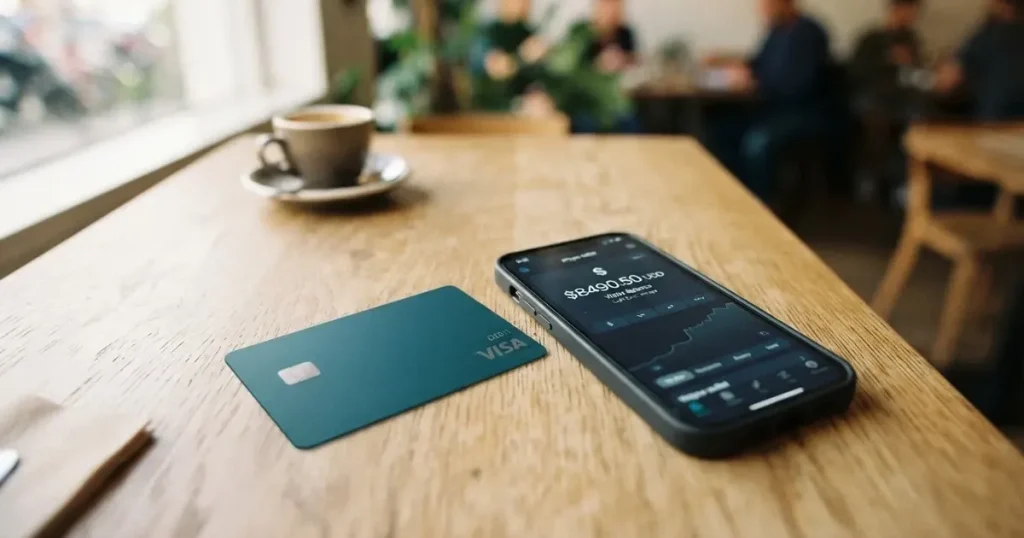 A payment card next to a phone with a crypto wallet app open