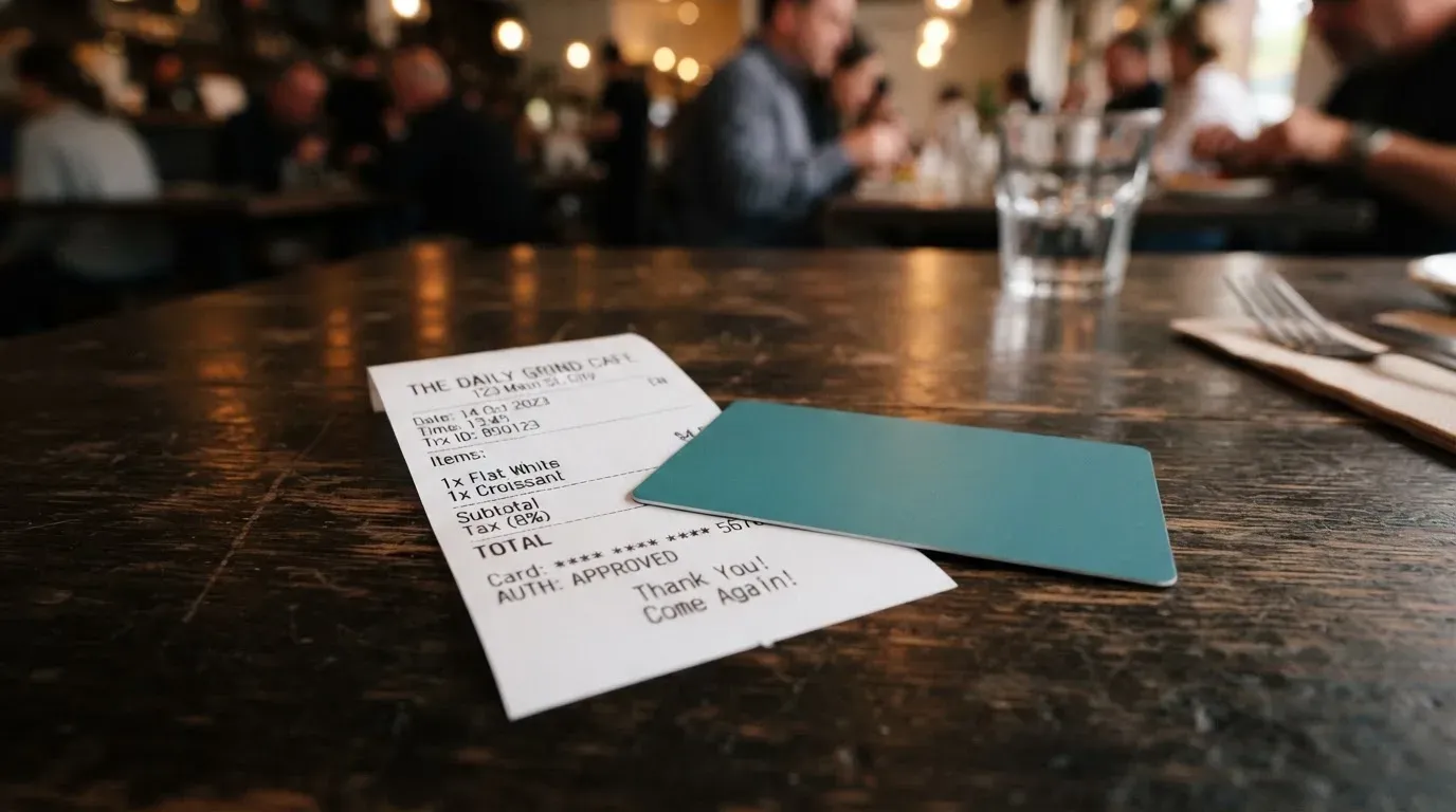 A receipt and a card on a café table