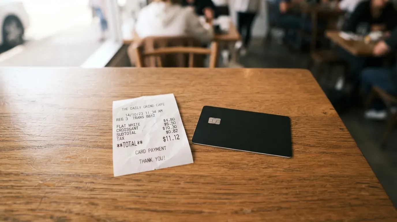 A receipt and a card on a café table
