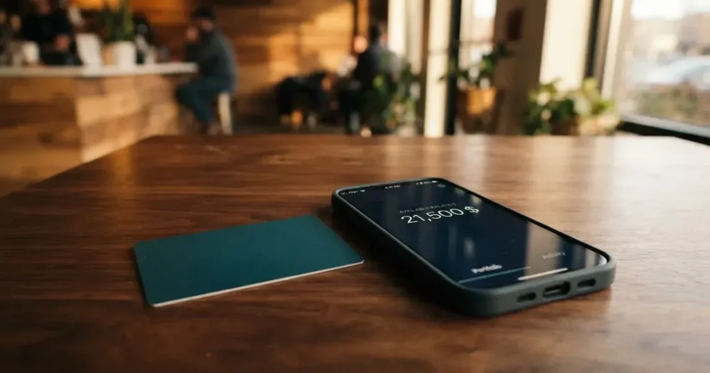 A payment card next to a phone with a crypto wallet app open