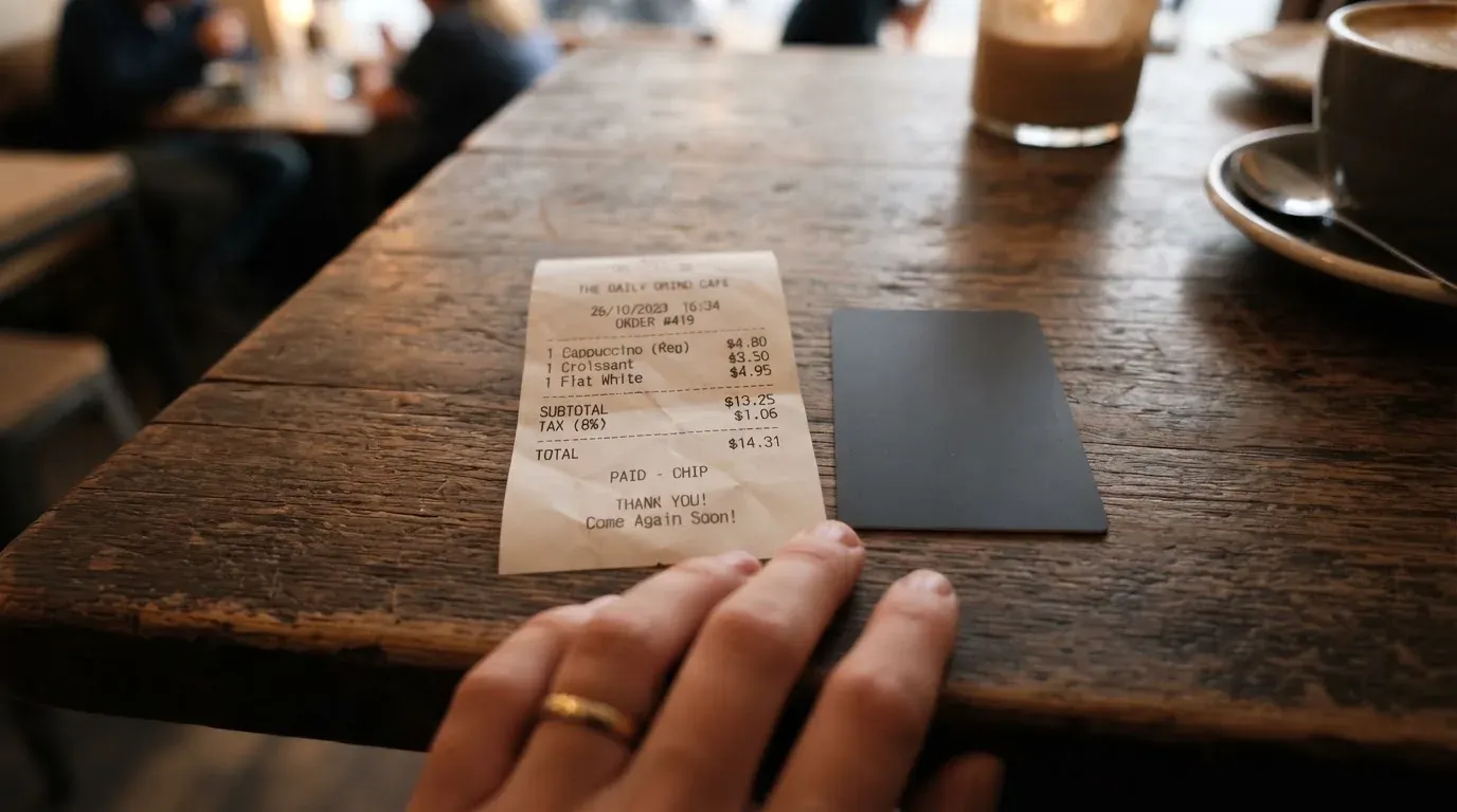 A receipt and a card on a café table