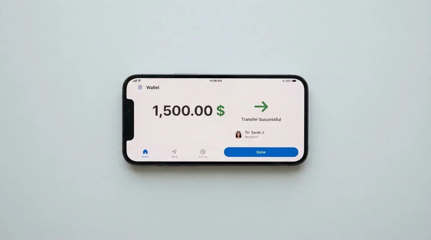 A phone showing a stablecoin transfer screen