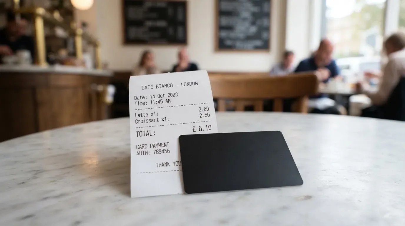 A receipt and a card on a café table