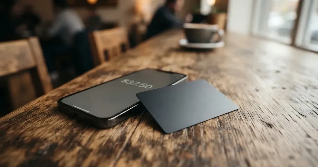 A payment card next to a phone with a crypto wallet app open