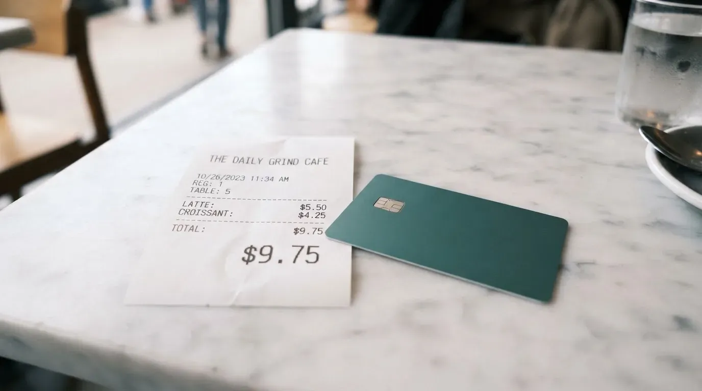A receipt and a card on a café table