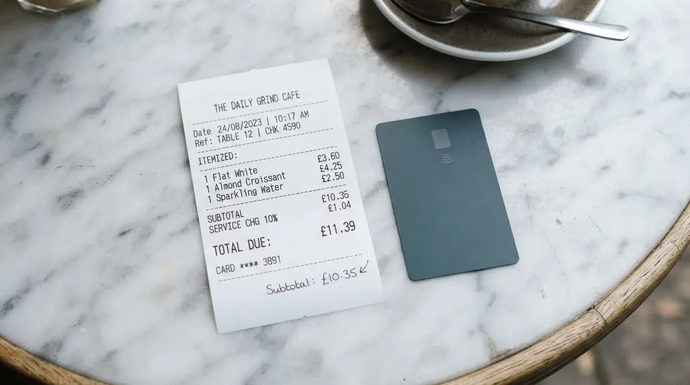 A receipt and a card on a café table