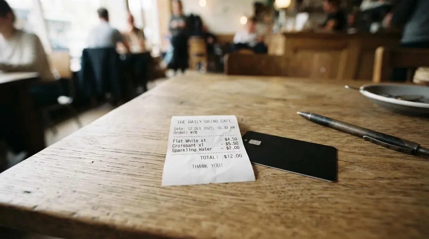 A receipt and a card on a café table