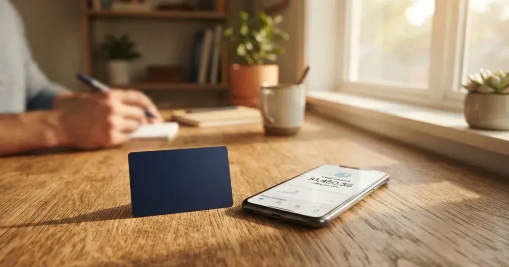 A payment card next to a phone with a crypto wallet app open