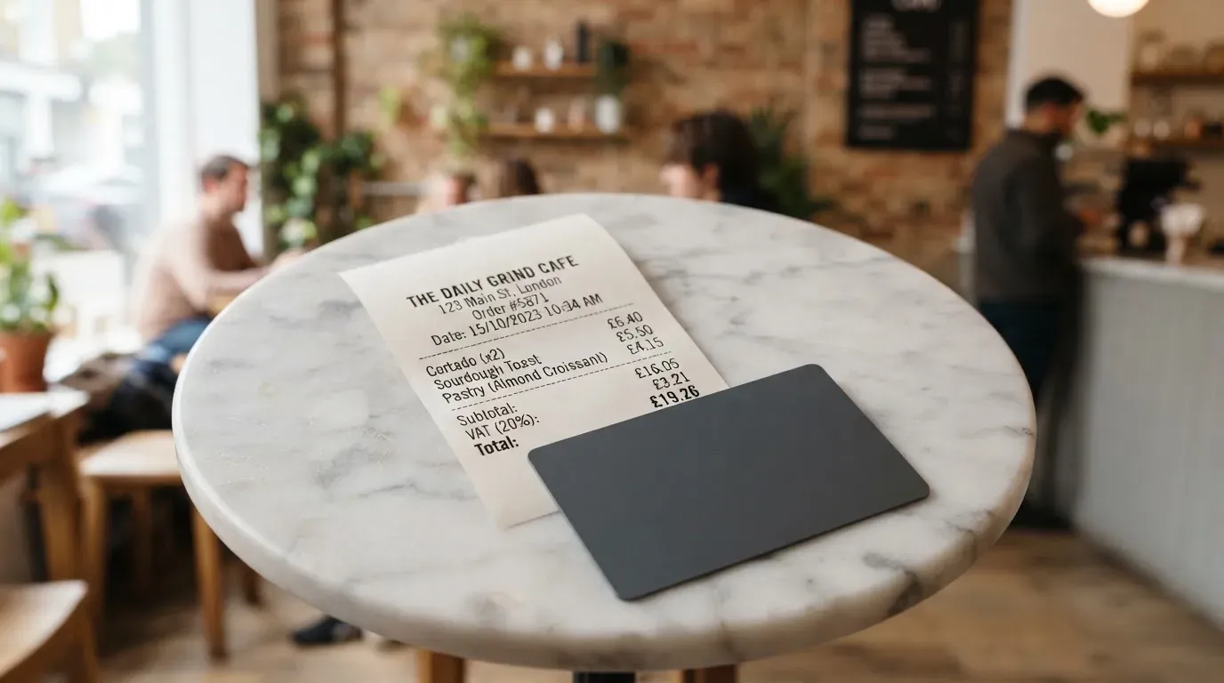 A receipt and a card on a café table