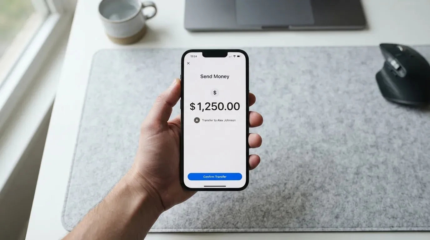 A phone showing a stablecoin transfer screen