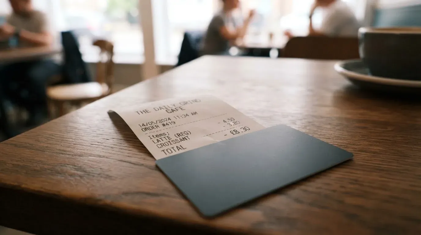 A receipt and a card on a café table
