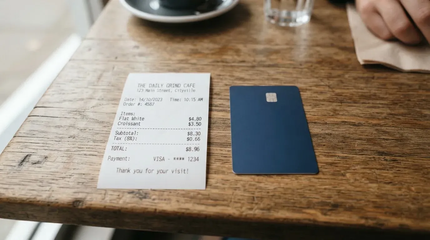 A receipt and a card on a café table