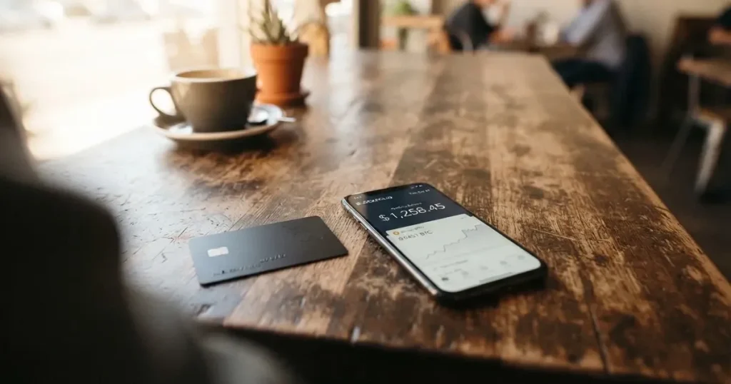 A payment card next to a phone with a crypto wallet app open