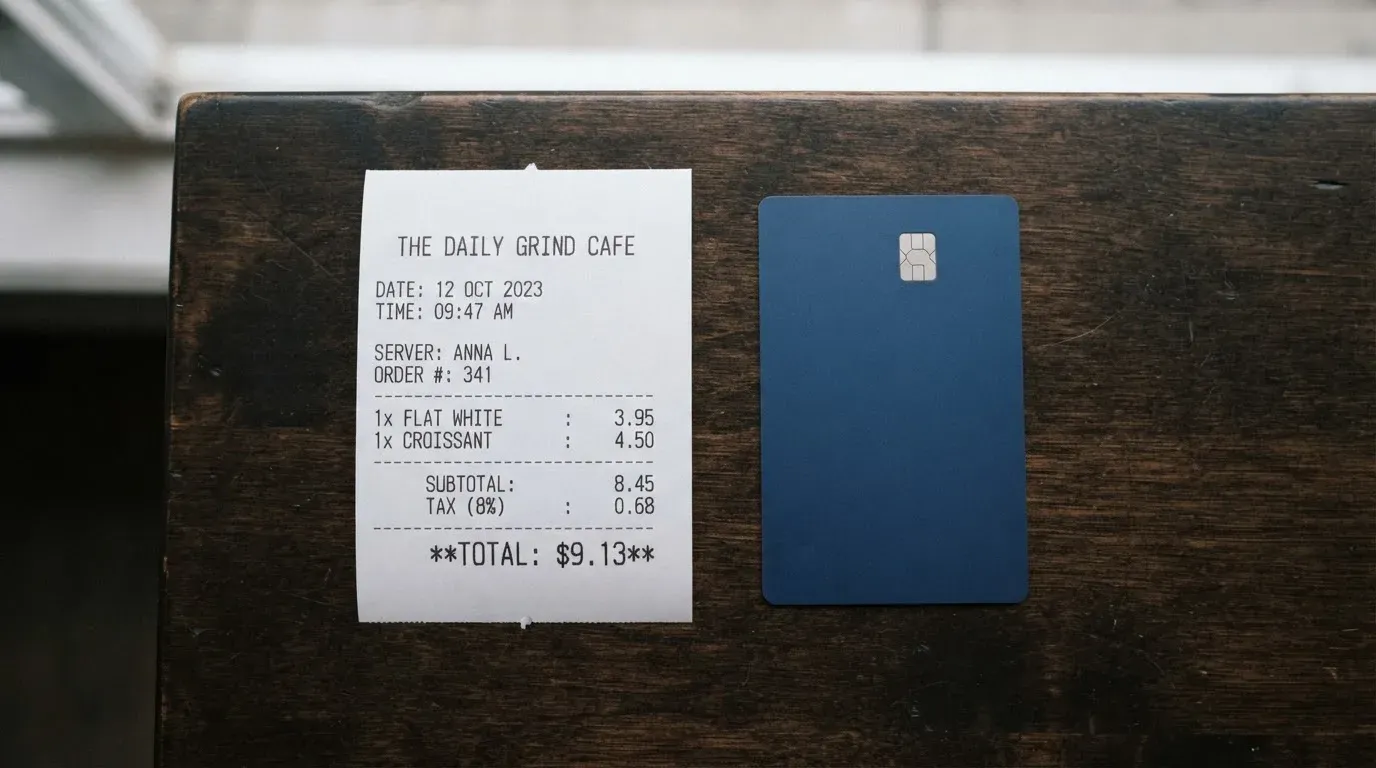 A receipt and a card on a café table