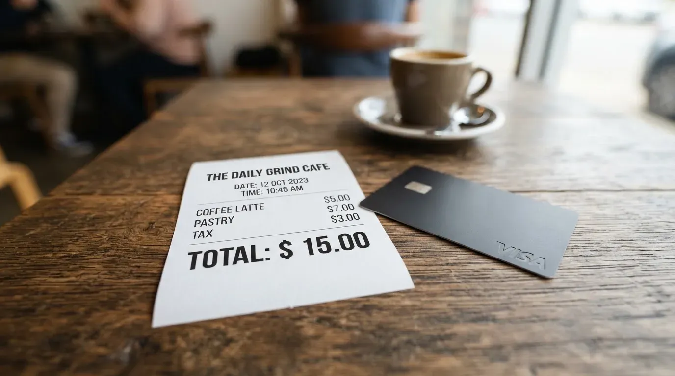 A receipt and a card on a café table