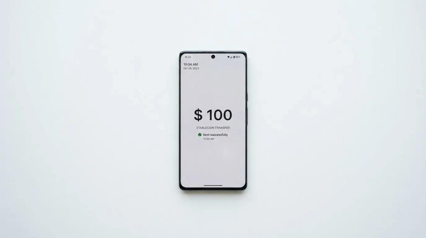 A phone showing a stablecoin transfer screen