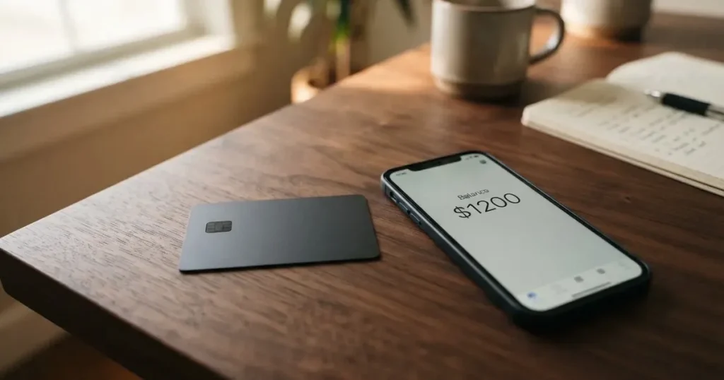 A payment card next to a phone with a crypto wallet app open
