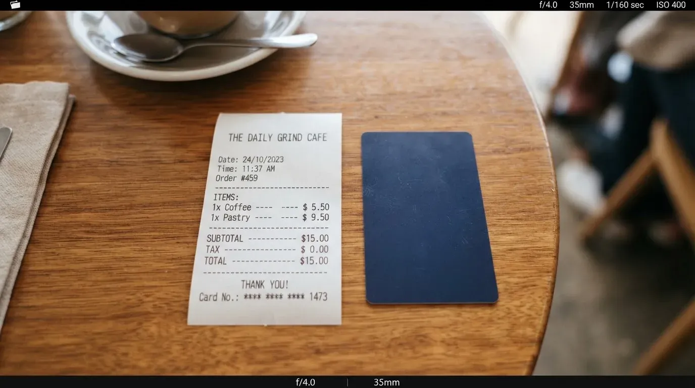 A receipt and a card on a café table