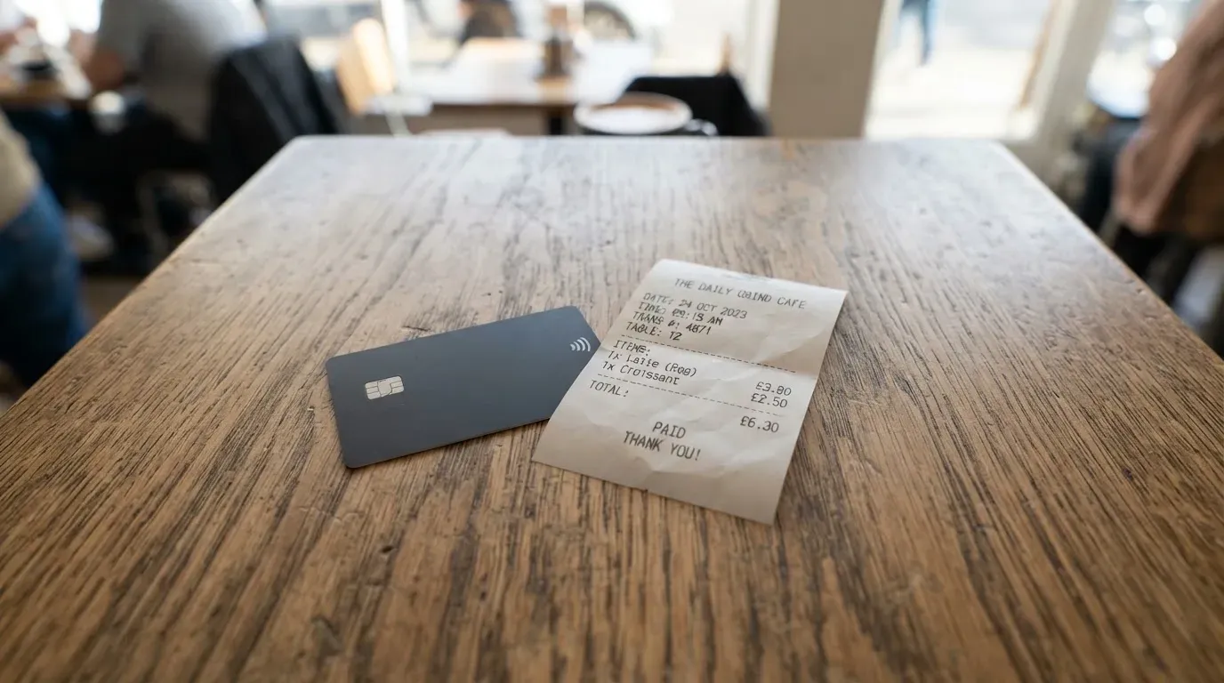 A receipt and a card on a café table