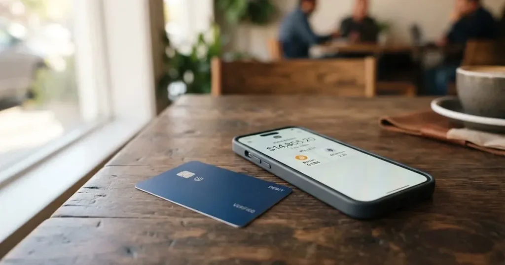 A payment card next to a phone with a crypto wallet app open