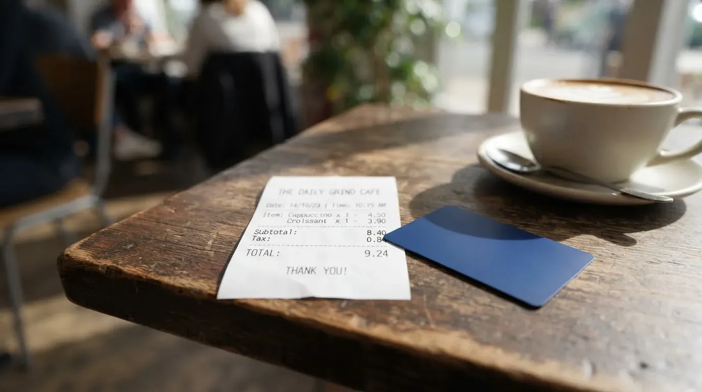 A receipt and a card on a café table