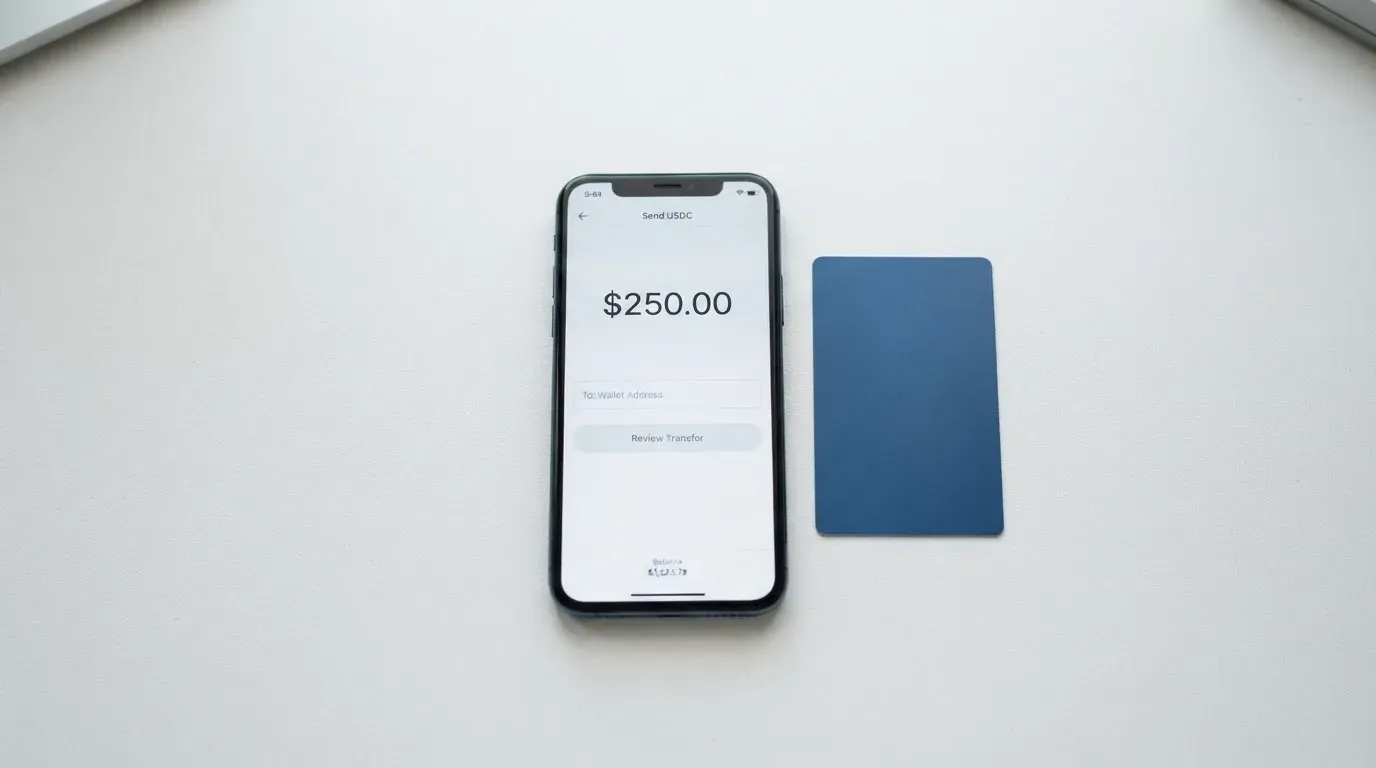 A phone showing a stablecoin transfer screen