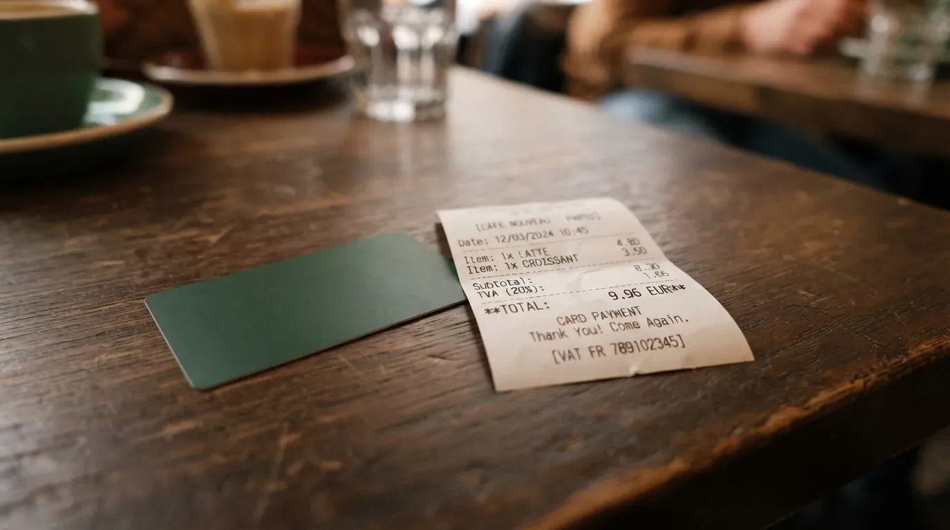 A receipt and a card on a café table