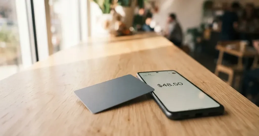 A payment card next to a phone with a crypto wallet app open