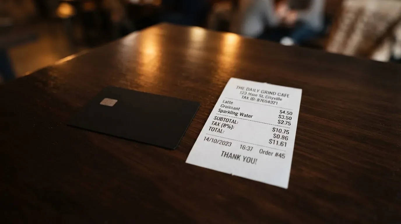 A receipt and a card on a café table