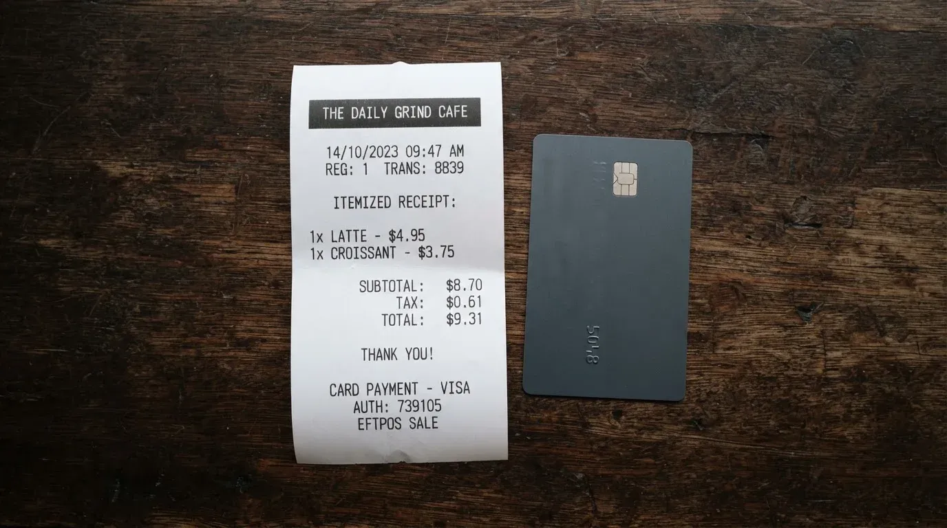 A receipt and a card on a café table