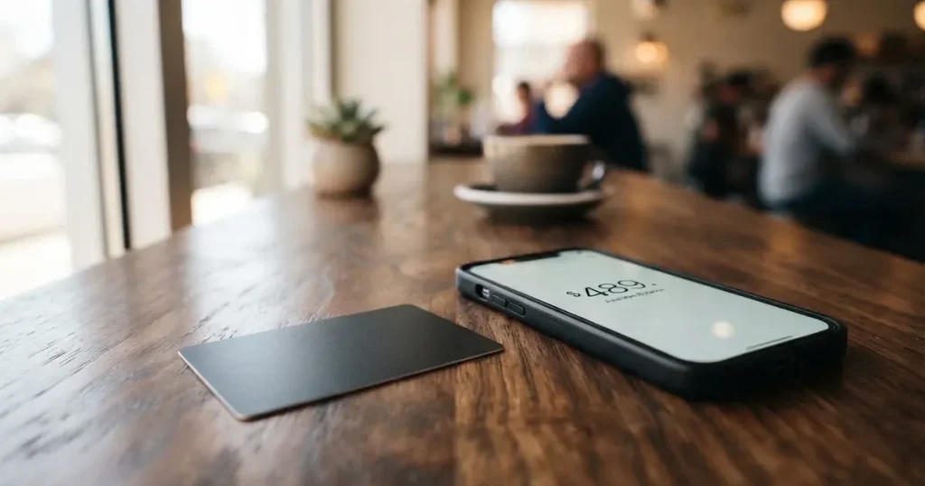 A payment card next to a phone with a crypto wallet app open