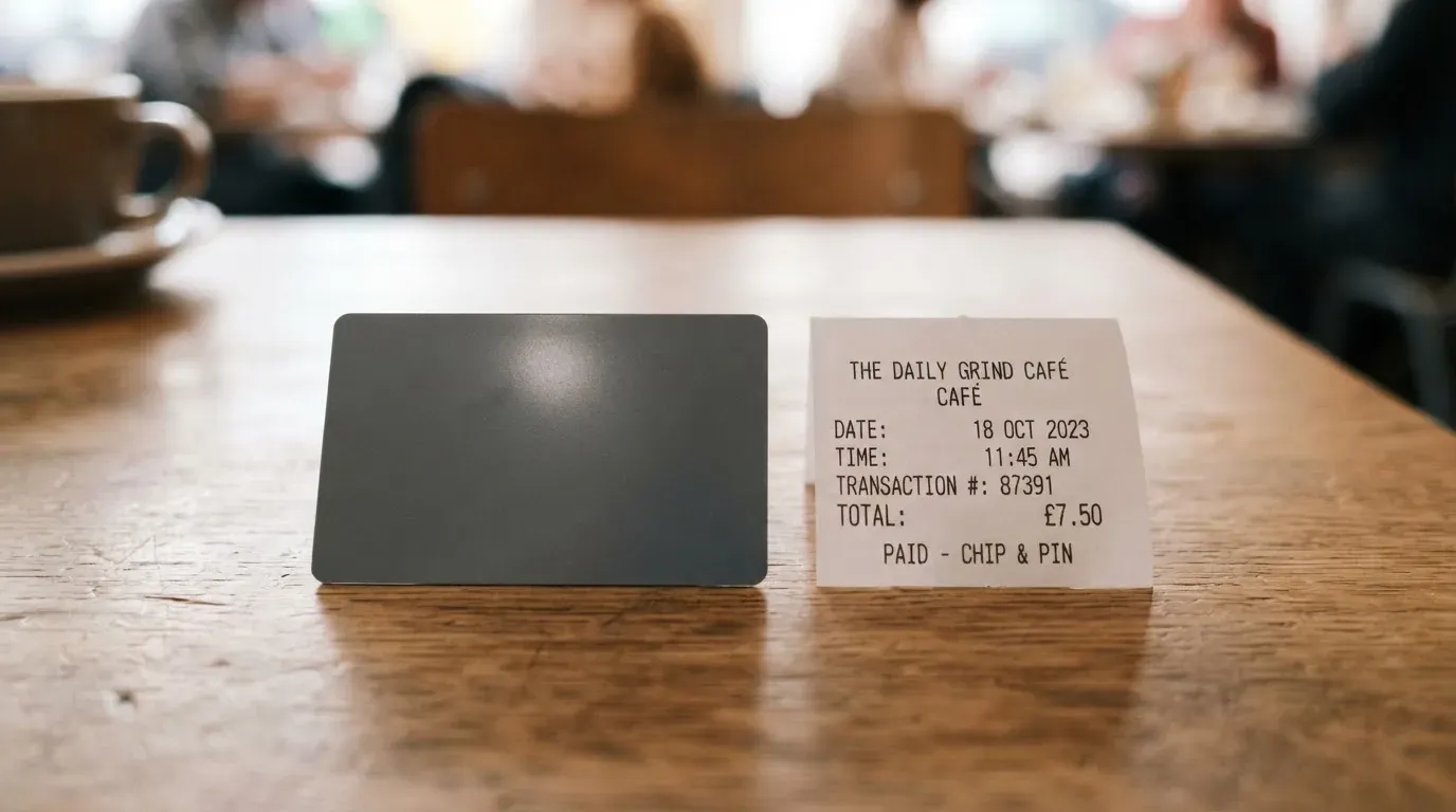 A receipt and a card on a café table