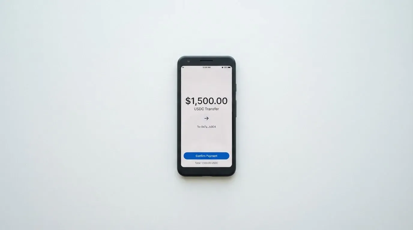 A phone showing a stablecoin transfer screen
