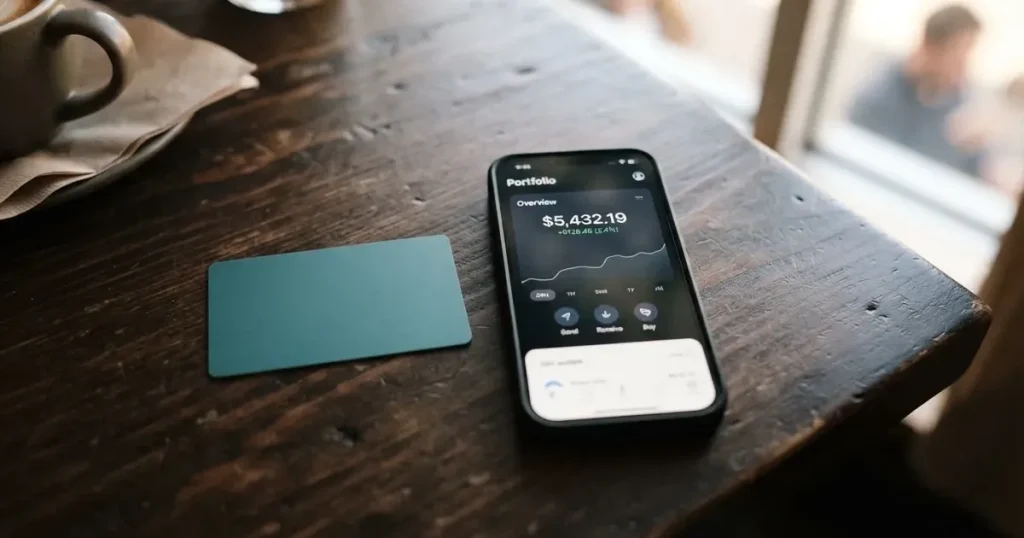 A payment card next to a phone with a crypto wallet app open