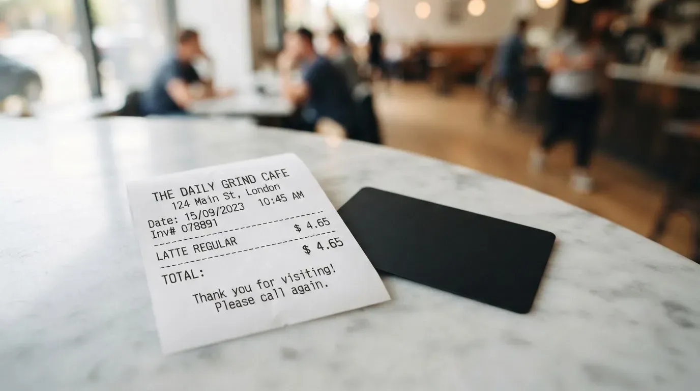A receipt and a card on a café table