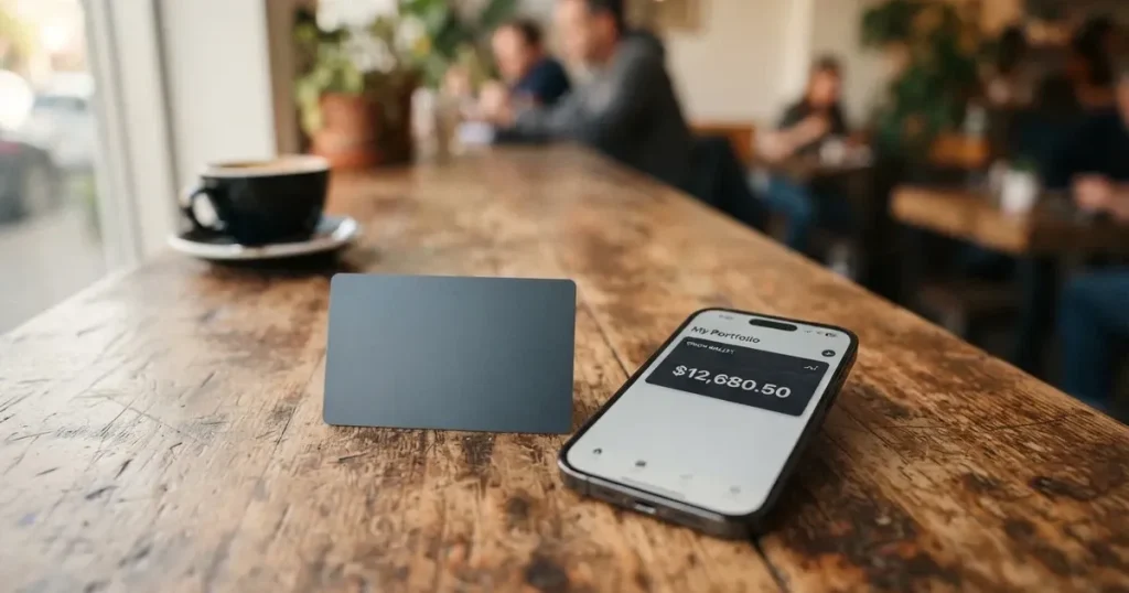 A payment card next to a phone with a crypto wallet app open