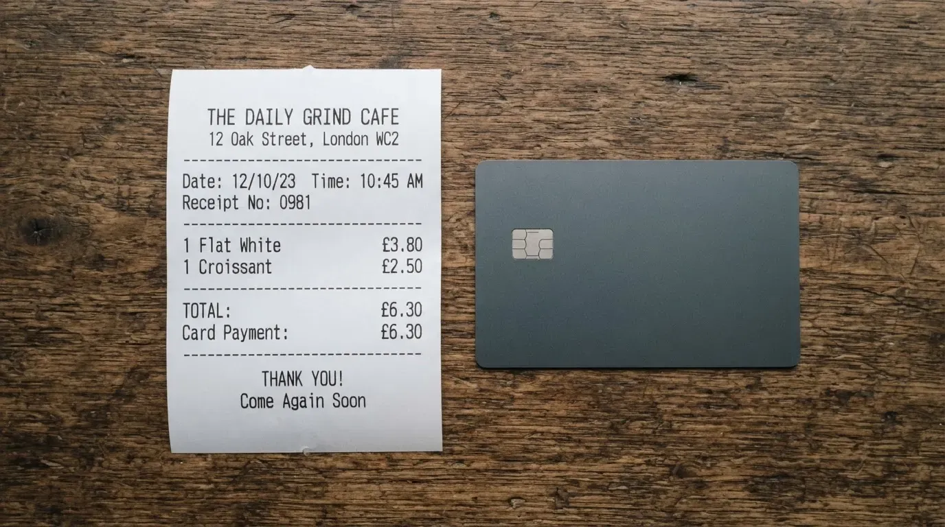 A receipt and a card on a café table